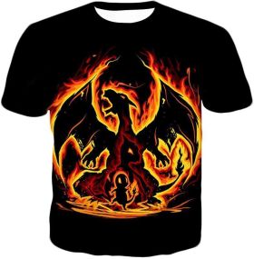 Charizard Evolution Flame Art Black Anime T-Shirt