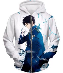 Fullmetal Alchemist Cool Fire Alchemist Roy Mustang Awesome Anime Pose White Zip Up Hoodie FA018