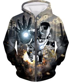 Super Cool Black and White Iron Man Action Zip Up Hoodie IM027