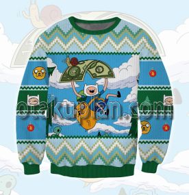 Adventure Time Blue and Green 3D Printed Ugly Christmas Sweatshirt