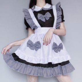 Celebrity Sexy Cat Girl Black White Plaid Maid Outfit Lolita Dress Fancy Cosplay Costume