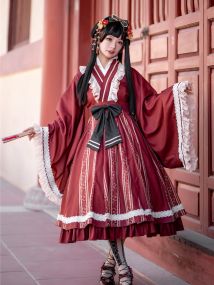 Chinese Hanfu Retro Cross Collar Loose Sleeves Lolita Dress One-piece Skirt Sweet OP Dress