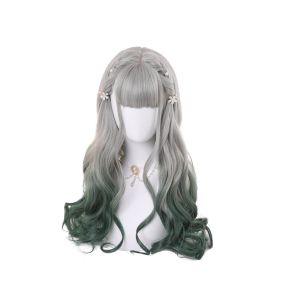 Rainbow Candy Wigs Gray gradient green Long Lolita Wig