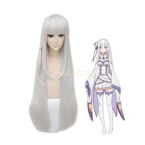 Anime ReZero Starting Life in Another World Emilia Long Straight Silver Cosplay Wigs