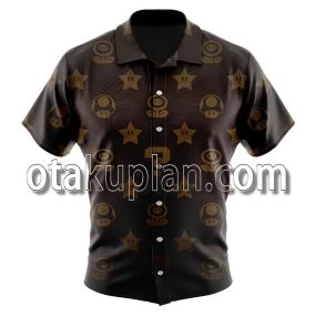 Super Mario Brown Gold Icon Texture Button Up Hawaiian Shirt